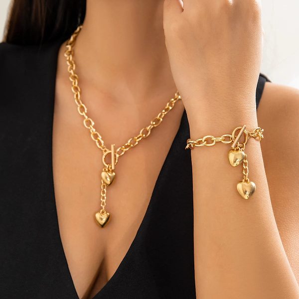 Chunky Chain Link Lariat Necklace & Bracelet Set – Dual Heart Bold Design - Image 6