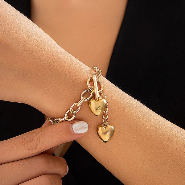 Chunky Chain Link Lariat Necklace & Bracelet Set – Dual Heart Bold Design - Image 4