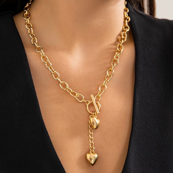 Chunky Chain Link Lariat Necklace & Bracelet Set – Dual Heart Bold Design - Image 7