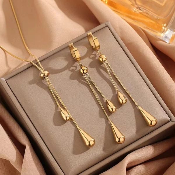 Adjustable Droplet Lariat Necklace & Earrings Set – Pull Design - Image 7