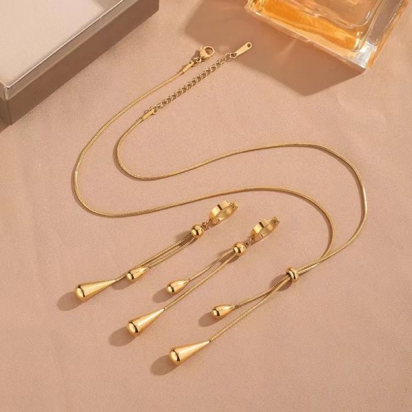 Adjustable Droplet Lariat Necklace & Earrings Set – Pull Design - Image 2